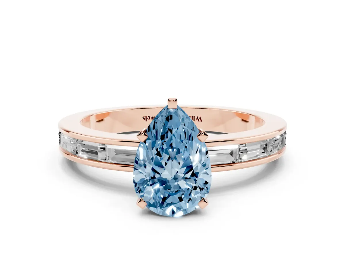Fancy Blue Pear Cut Solitaire Diamond Ring with Channel-Set Baguette Band and Four-Prong Setting Rose gold