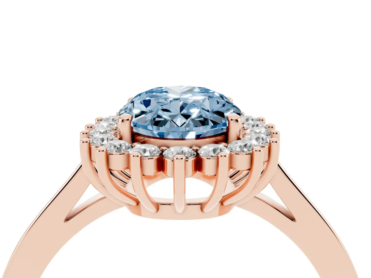 Fancy Blue Oval Cut Cut Diamond Halo Ring with Round Brilliant Halo and Solitaire Band Rose gold