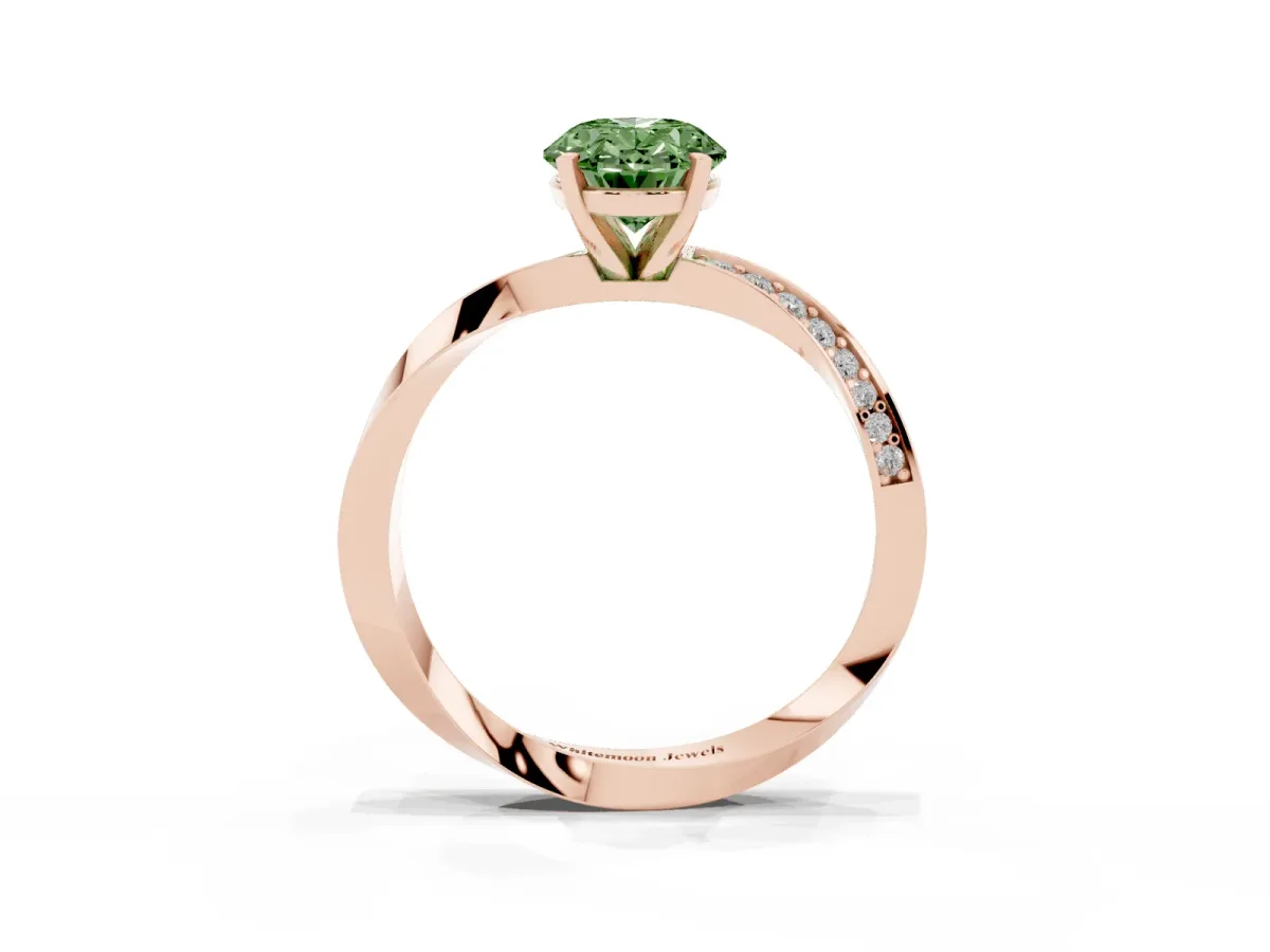 Fancy Green Oval Cut Diamond Engagement Ring with Side Stone Accents and Four-Prong Setting Rose gold