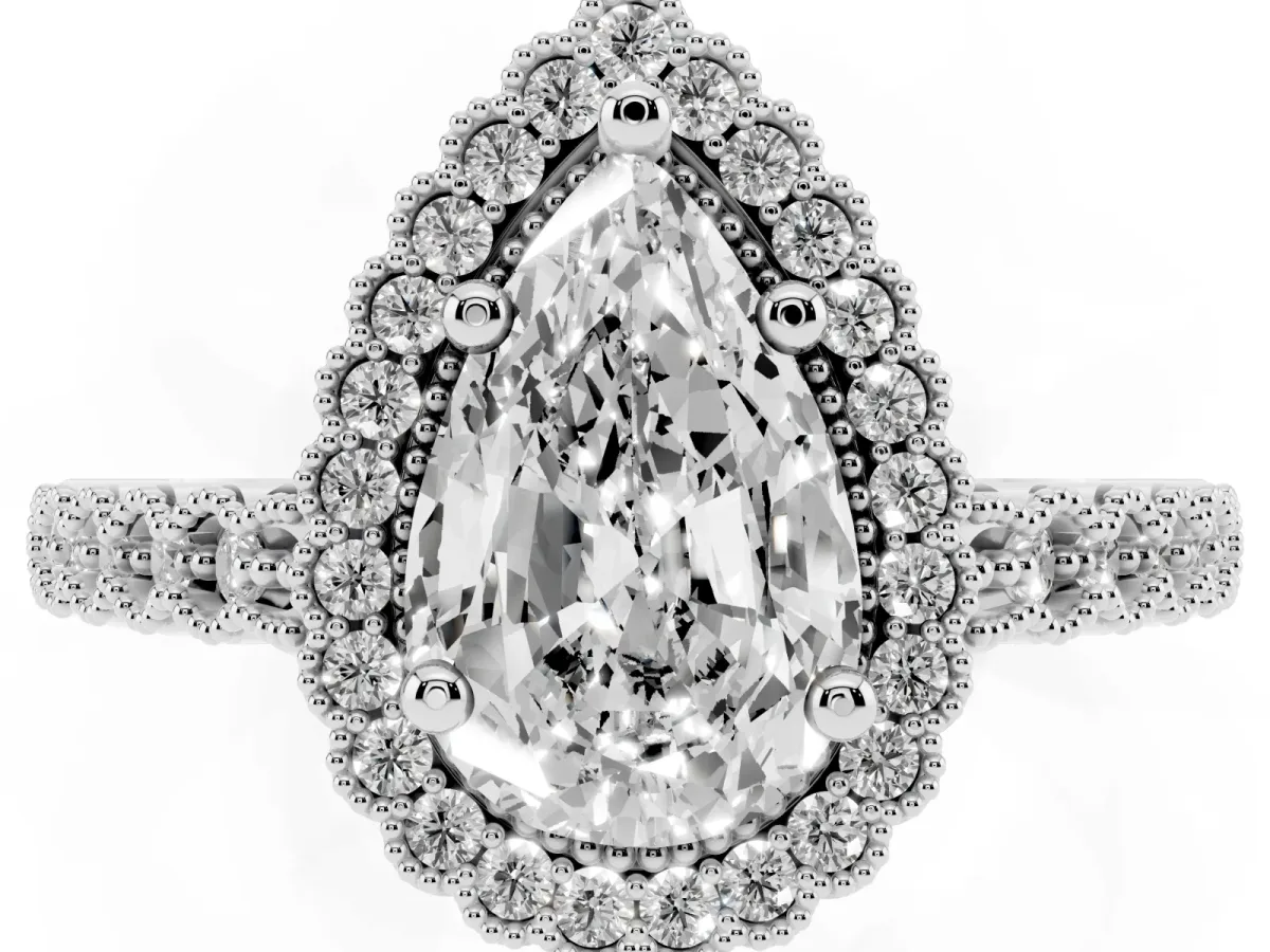 Pear Cut Cut Halo Pavé Solitaire Ring with Milgrain Band White gold