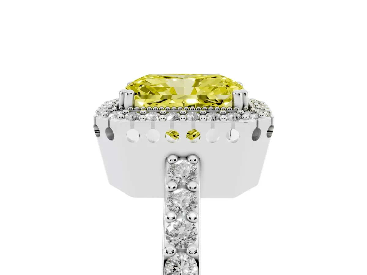 Fancy Yellow Radiant Cut Cut Diamond Halo Engagement Ring with Milgrain Detail and Pavé Band Silver