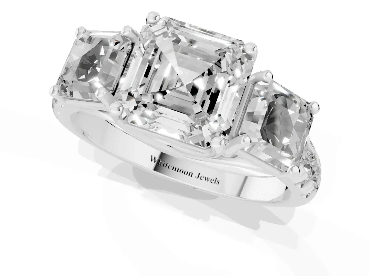 Three-Stone Asscher Cut Diamond Pavé Band with Prong Setting Platinum