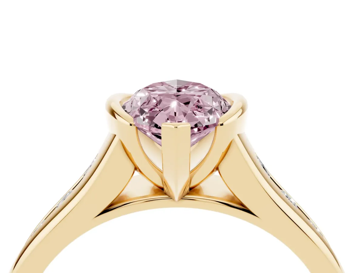 Fancy Pink Marquise Cut Solitaire Bezel-Set Diamond Ring with Channel-Set Band Yellow gold