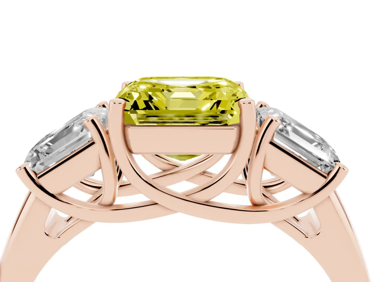 Fancy Yellow Three-Stone Asscher Cut Diamond Engagement Ring with Prong Setting Rose gold