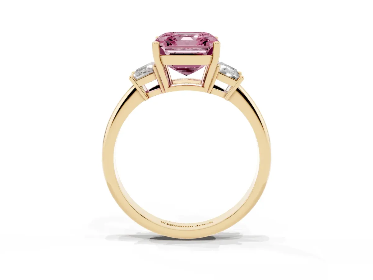 Fancy Pink Asscher Cut Diamond Three-Stone Ring with Trapezoid Side Stones and Prong Setting Yellow gold