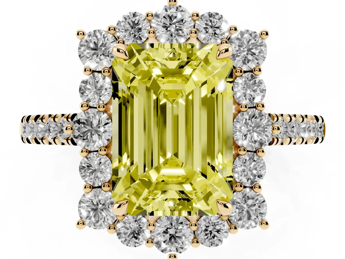 Fancy Yellow Emerald Cut Halo Diamond Ring with Pavé Band and Prong Setting Yellow gold