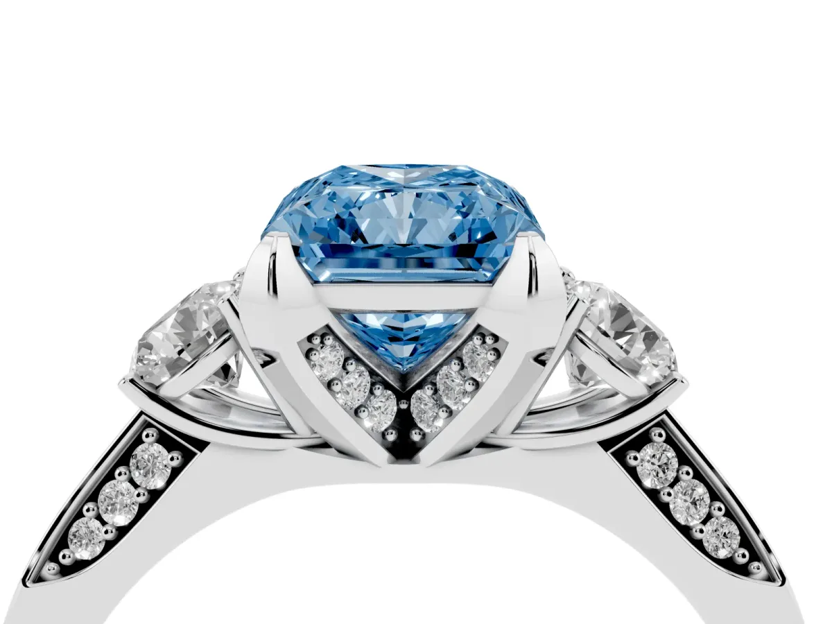 Fancy Blue Radiant Cut Brilliant Three-Stone Diamond Ring with Pavé Band and Four-Prong Setting Silver