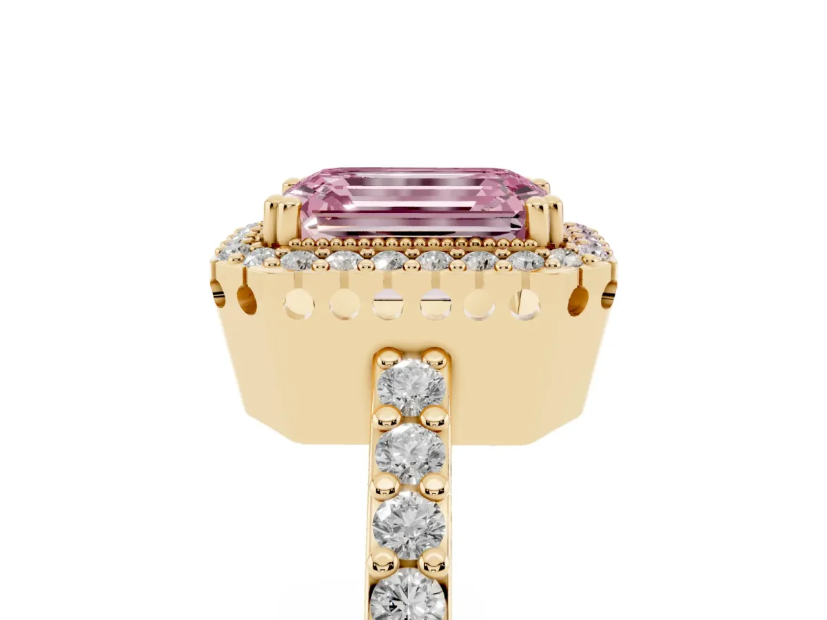 Fancy Pink Emerald Cut Cut Diamond Halo Engagement Ring with Milgrain Detail and Pavé Band Yellow gold