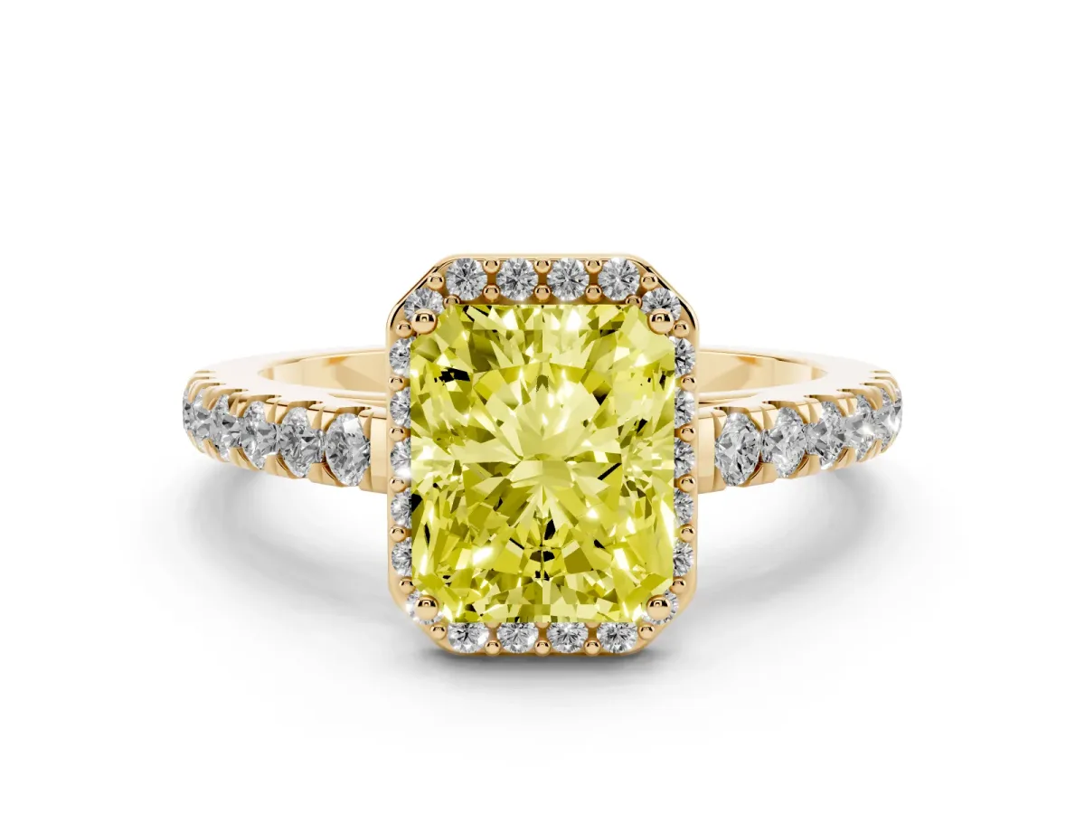 Fancy Yellow Radiant Cut Cut Halo Diamond Engagement Ring with Pave Band and Four-Prong Setting Yellow gold