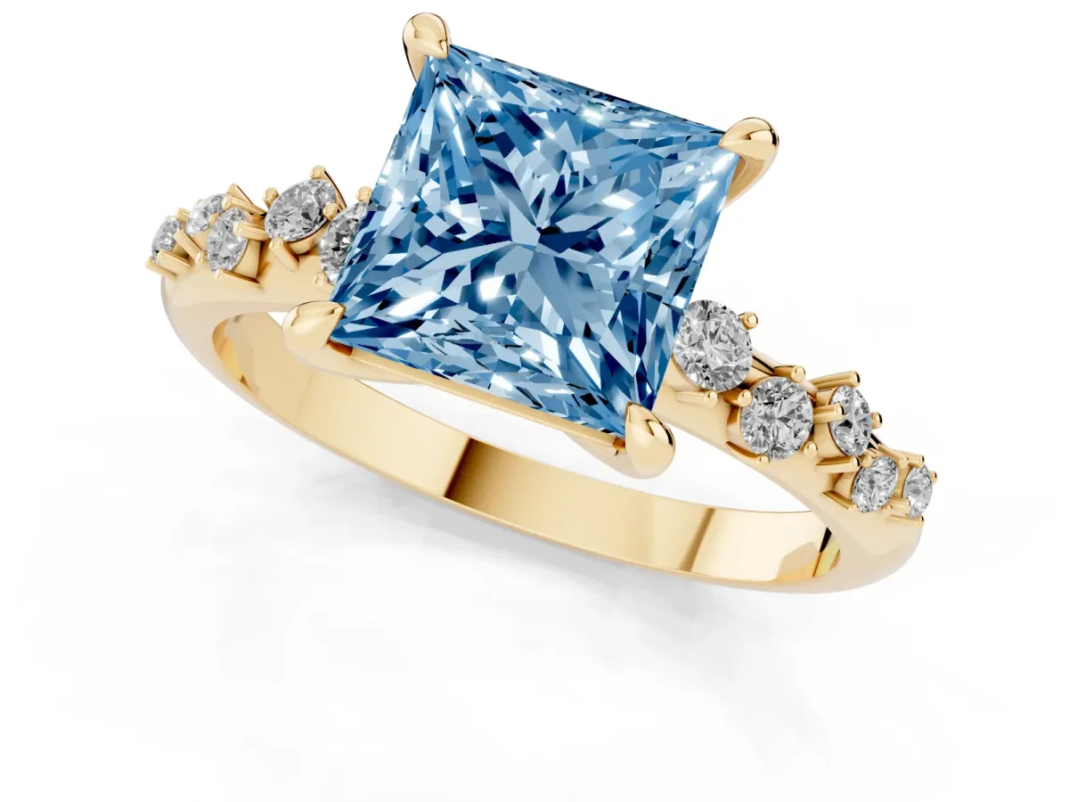 Fancy Blue Princess Cut Cut Diamond Vine Band with Four-Prong Setting Yellow gold