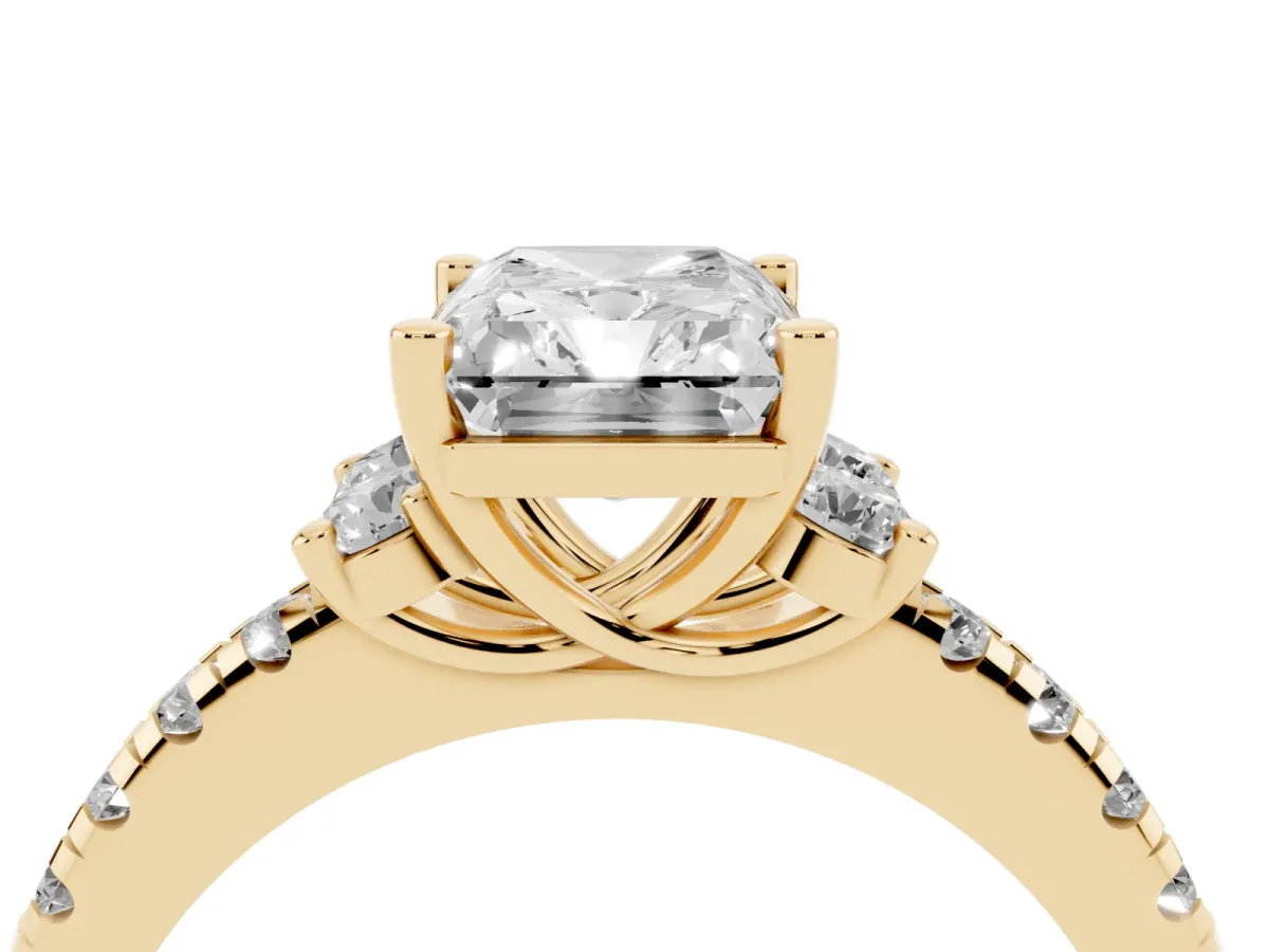 Radiant Cut Diamond Three-Stone Pave Band with Four-Prong Setting Yellow gold