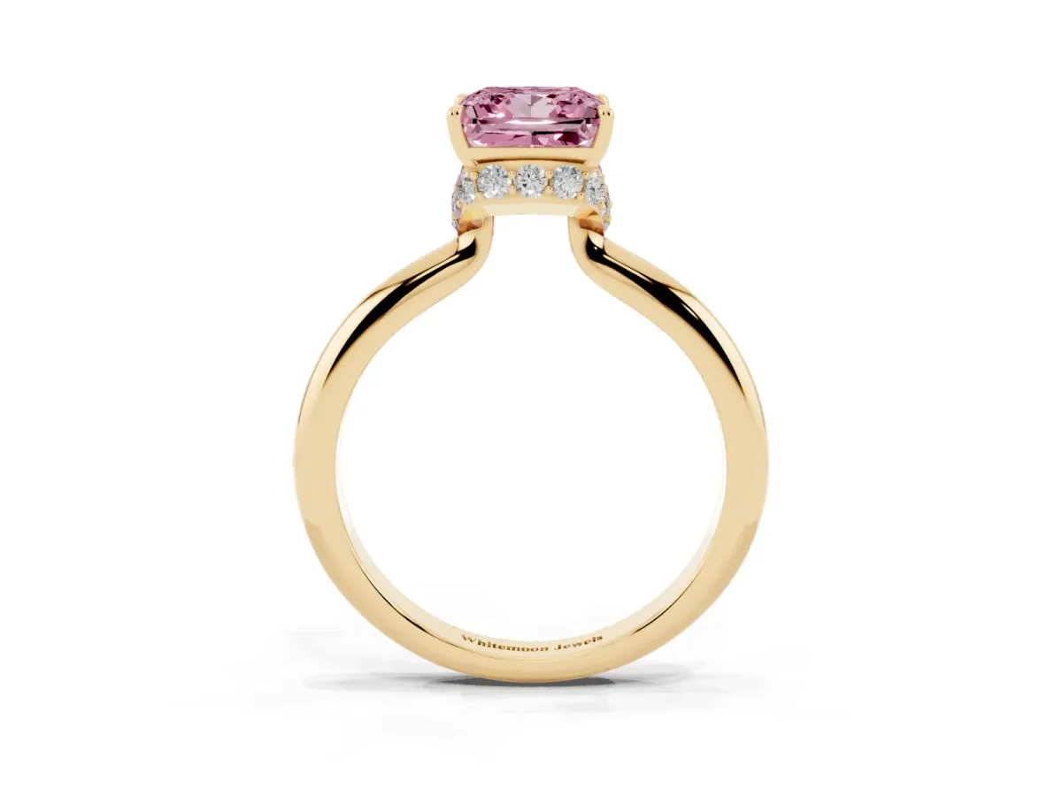 Fancy Pink Princess Cut Brilliant Solitaire Engagement Ring with Six-Prong Setting and Classic Band Yellow gold