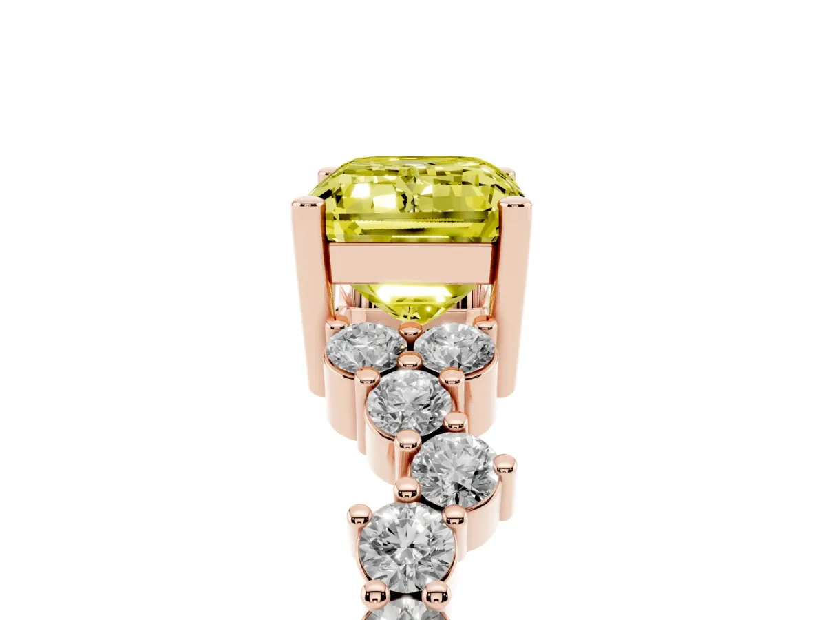Fancy Yellow Emerald Cut Diamond Scattered Round Accent Ring with Prong Setting Rose gold
