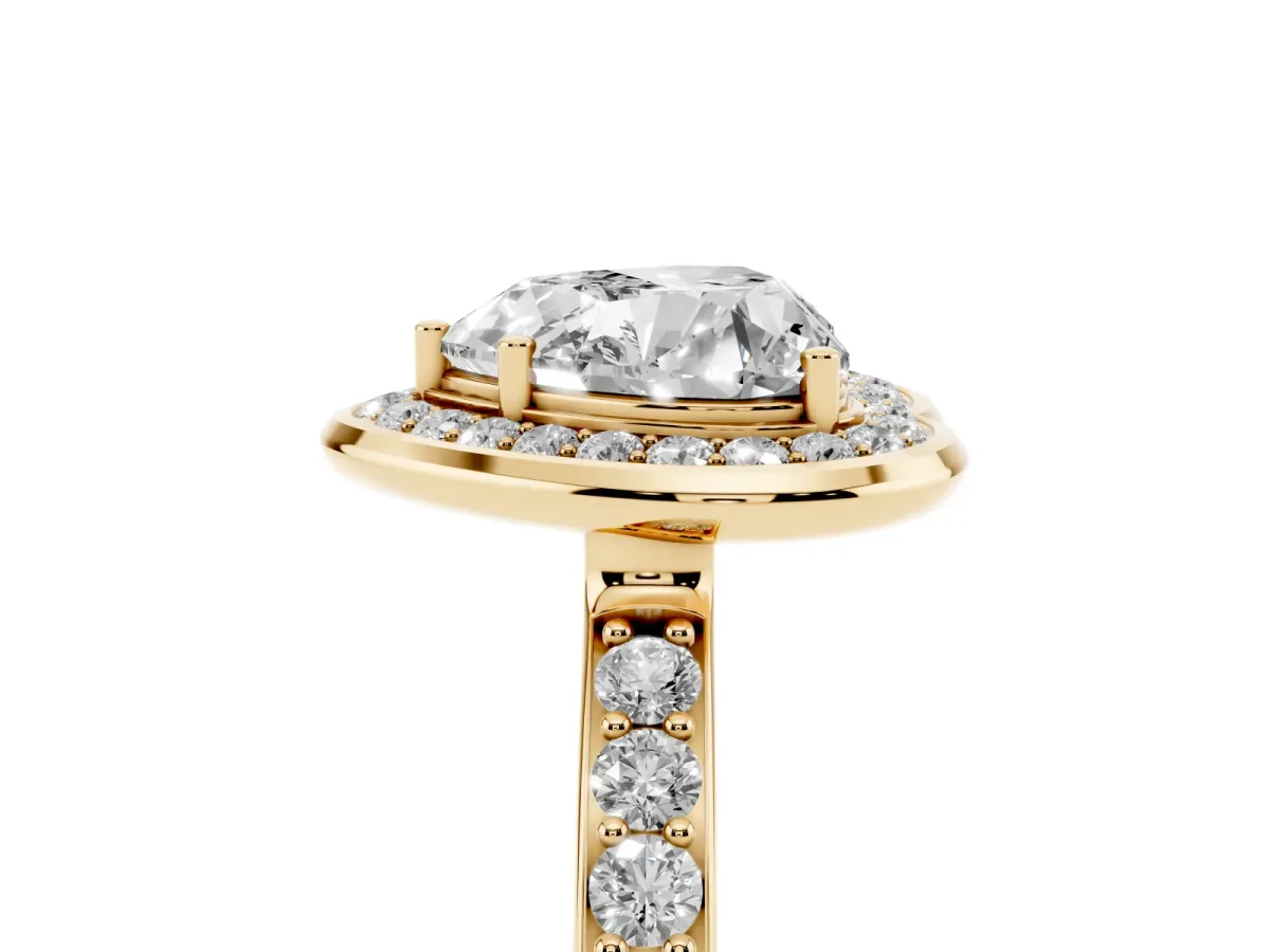 Heart Cut Diamond Halo Ring with Bezel Frame and Pavé Band Yellow gold