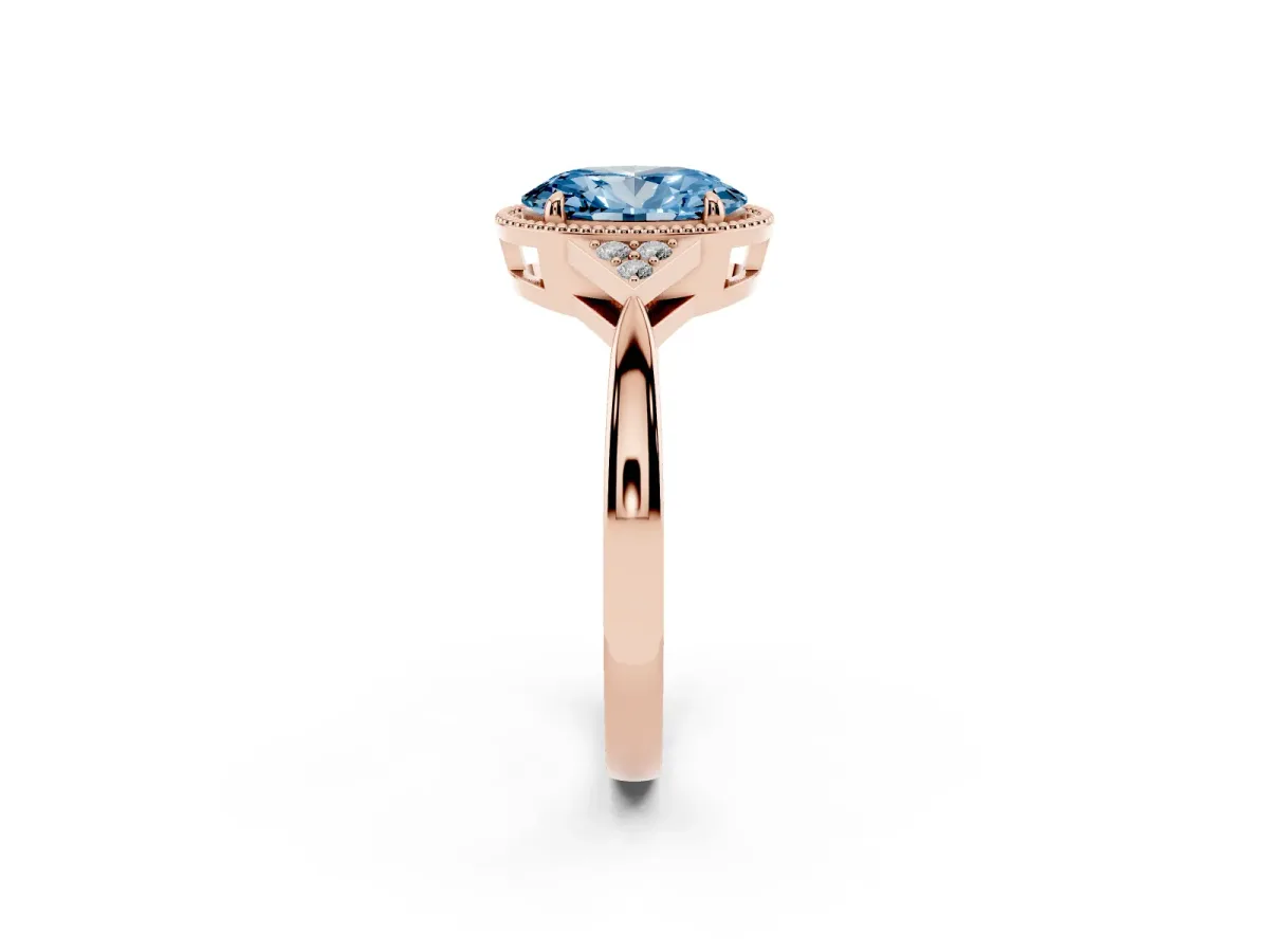 Fancy Blue Hexagonal Halo Oval Cut Diamond Solitaire with Pavé Band and Four-Prong Setting Rose gold