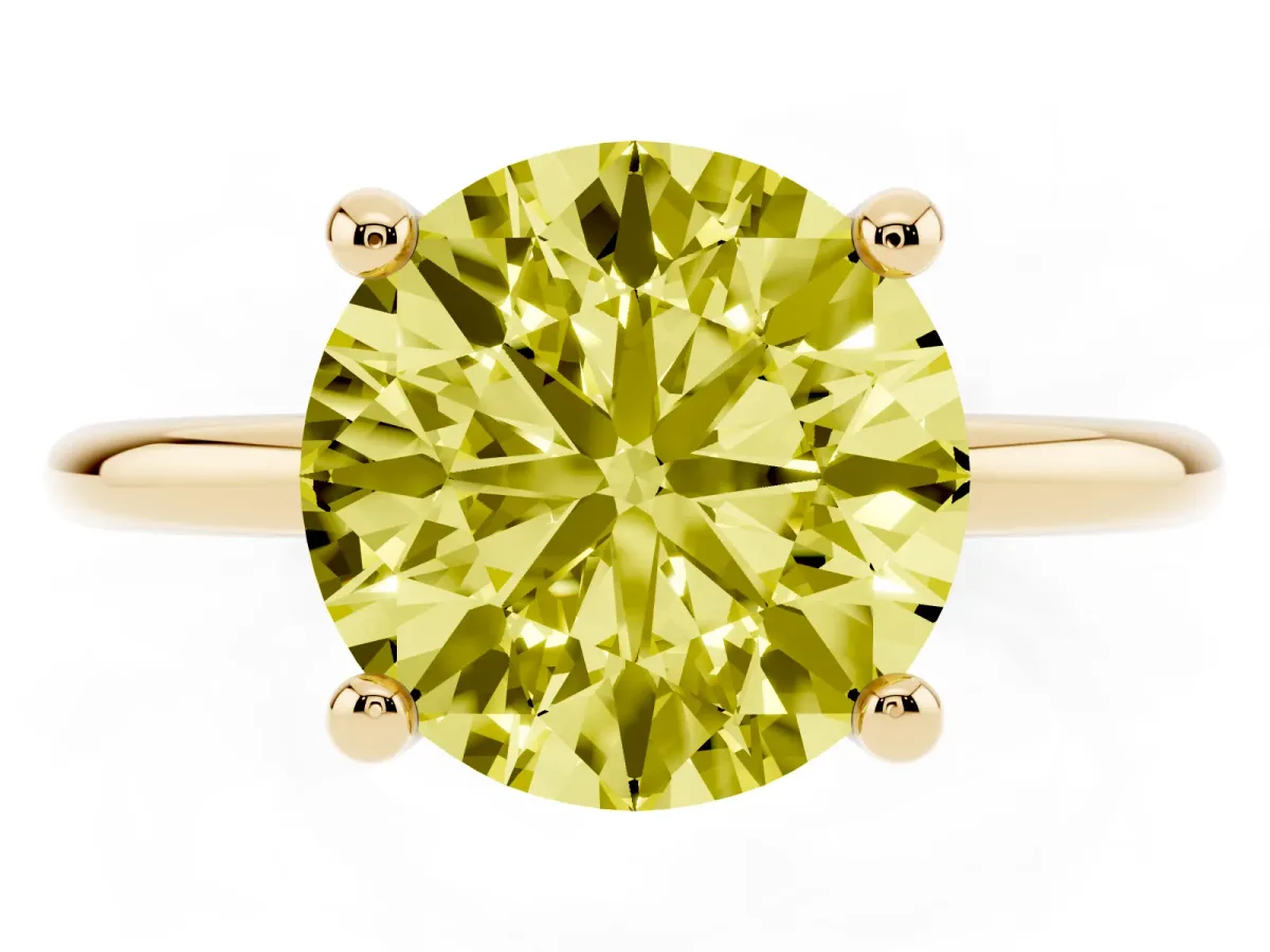 Fancy Yellow Round Cut Solitaire Diamond Ring with 4-Prong Setting on a Classic Band Yellow gold