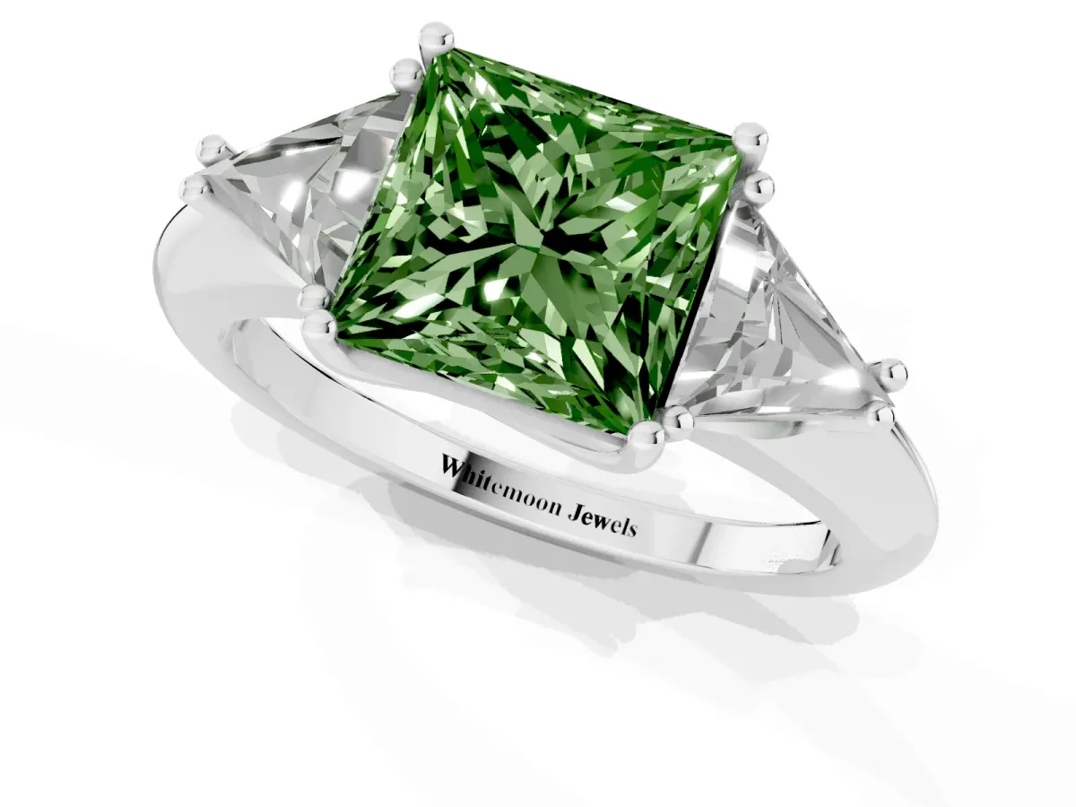 Fancy Green Three-Stone Princess Cut Diamond Engagement Ring with Trillion Side Stones and Prong Setting Platinum