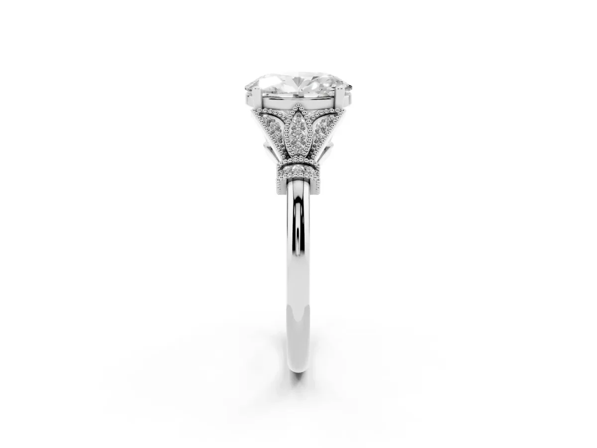 Oval Cut Diamond Solitaire Ring with Floral Filigree and Pave Accents Silver