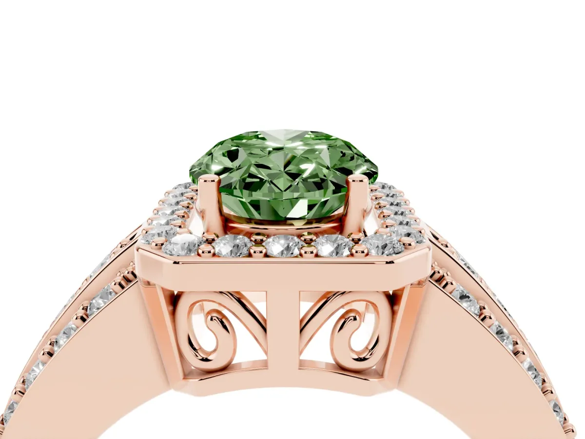 Fancy Green Oval Cut Halo Diamond Ring with Round Split Shank and Prong Setting Rose gold