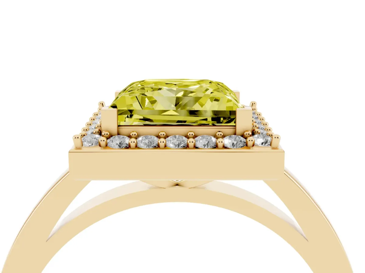Fancy Yellow Princess Cut Halo Diamond Ring with Solitaire Band and Prong Setting Yellow gold