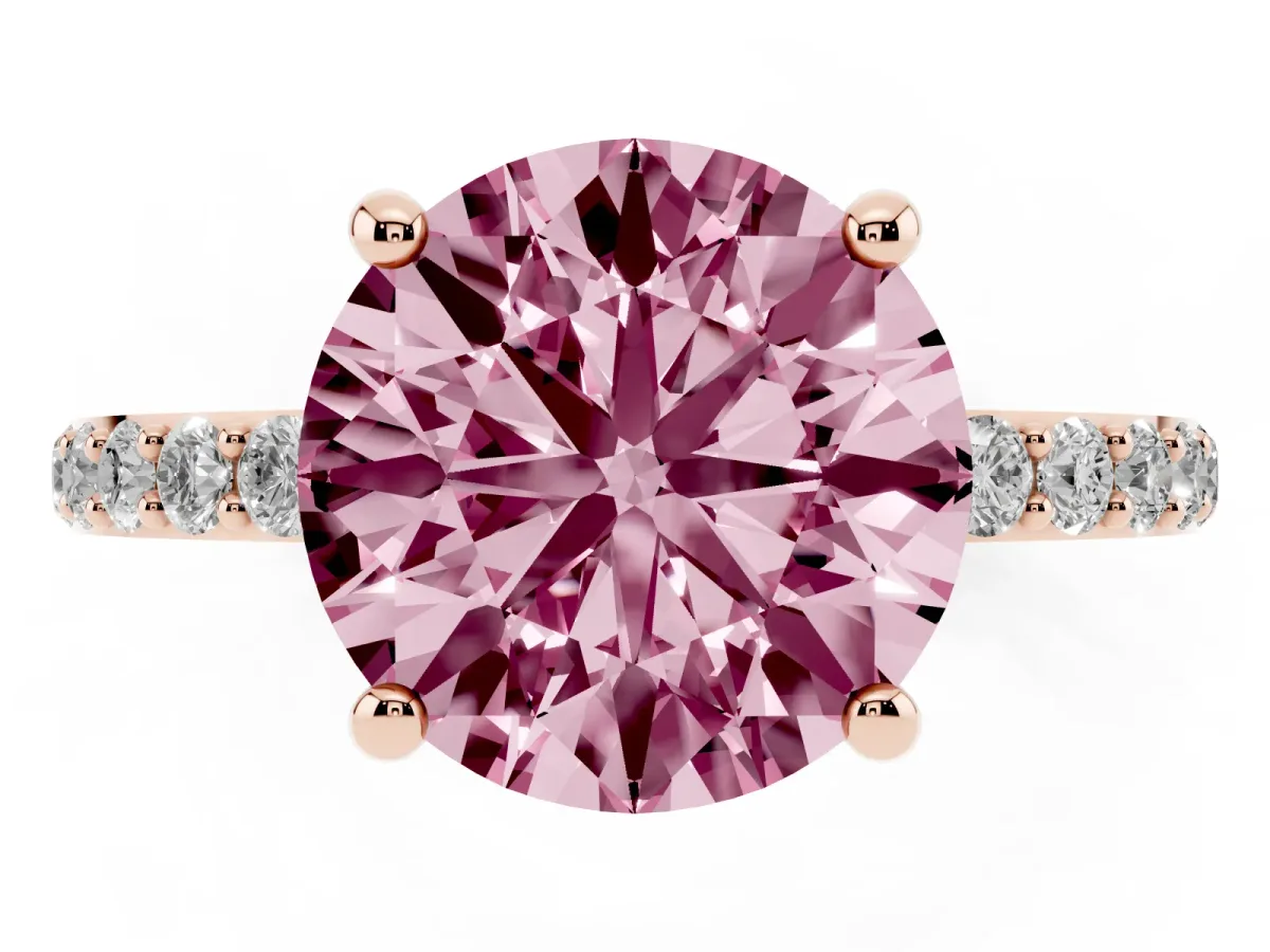 Fancy Pink Round Cut Diamond Solitaire Ring with Round Pavé Band and Prong Setting Rose gold