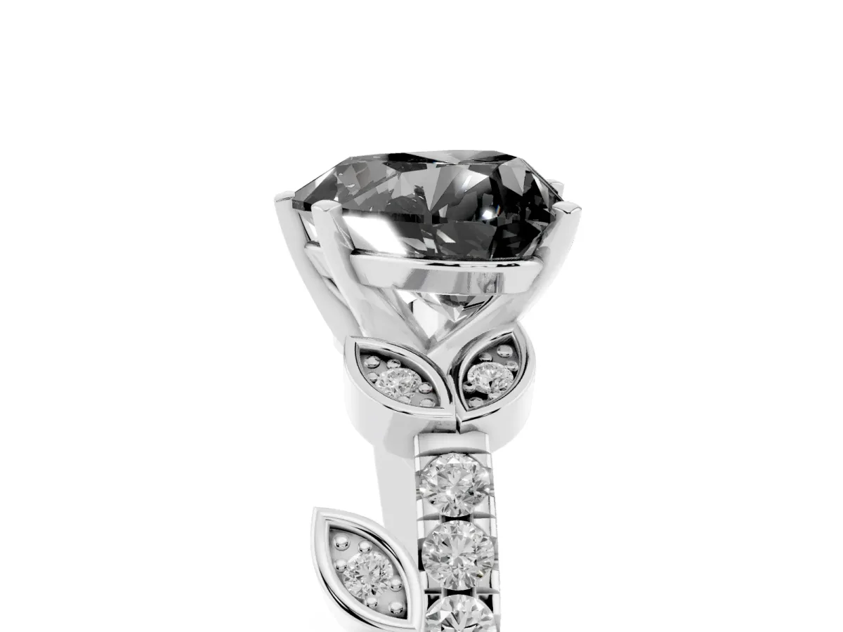 Fancy Black Heart Cut Solitaire Leaf-Inspired Diamond Ring with Pavé Band and Four-Prong Setting Silver