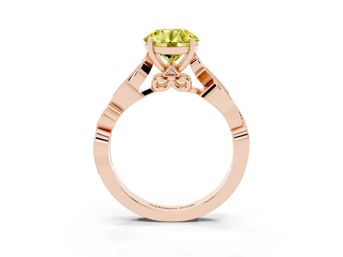 Fancy Yellow Round Cut Solitaire Vine Band with Milgrain Prong Setting Rose gold