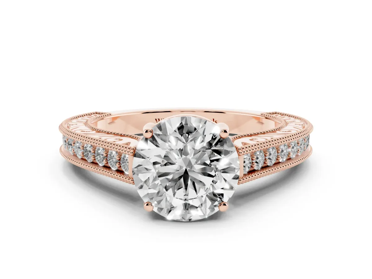 Round Cut Cut Pave Band Milgrain Solitaire Ring Rose gold