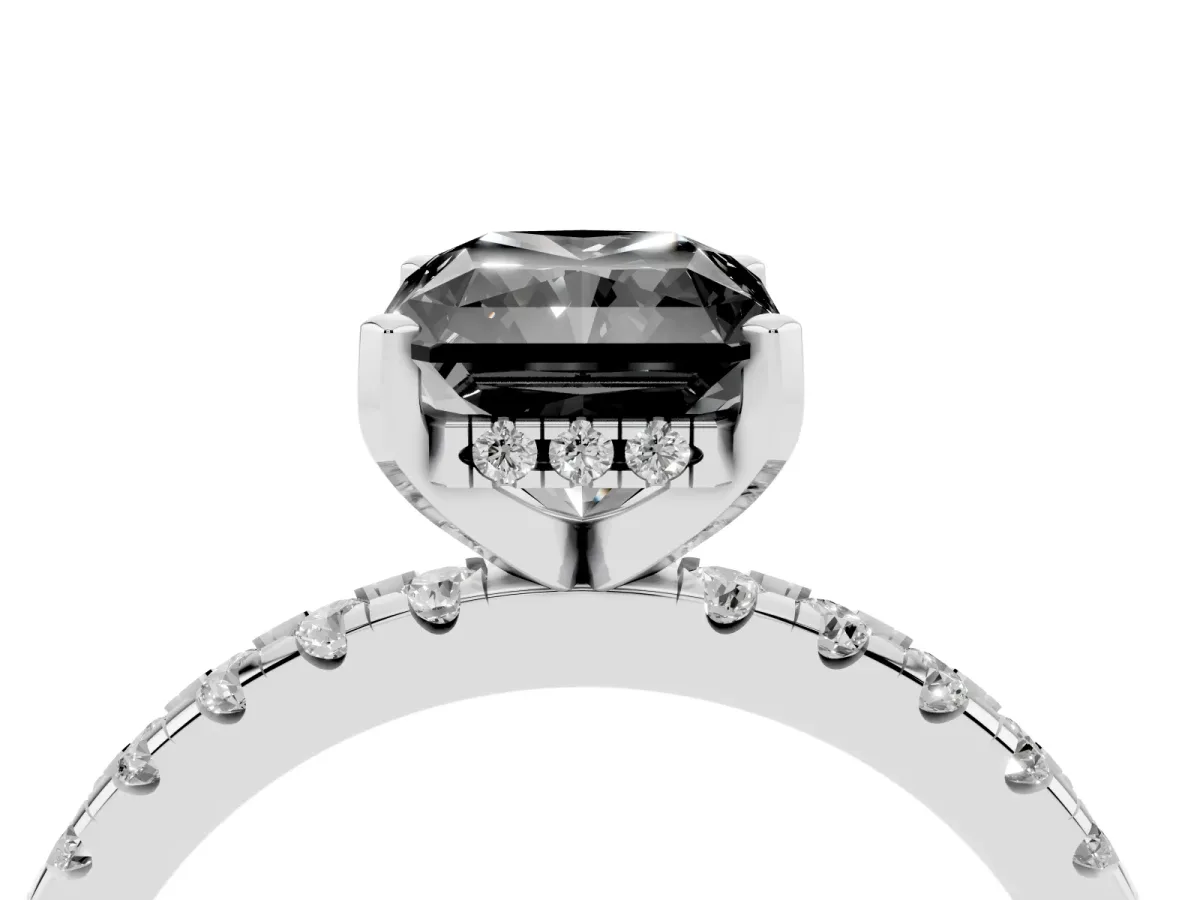 Fancy Black Radiant Cut Diamond Solitaire Ring with Round Pavé Band and Four-Prong Setting Silver