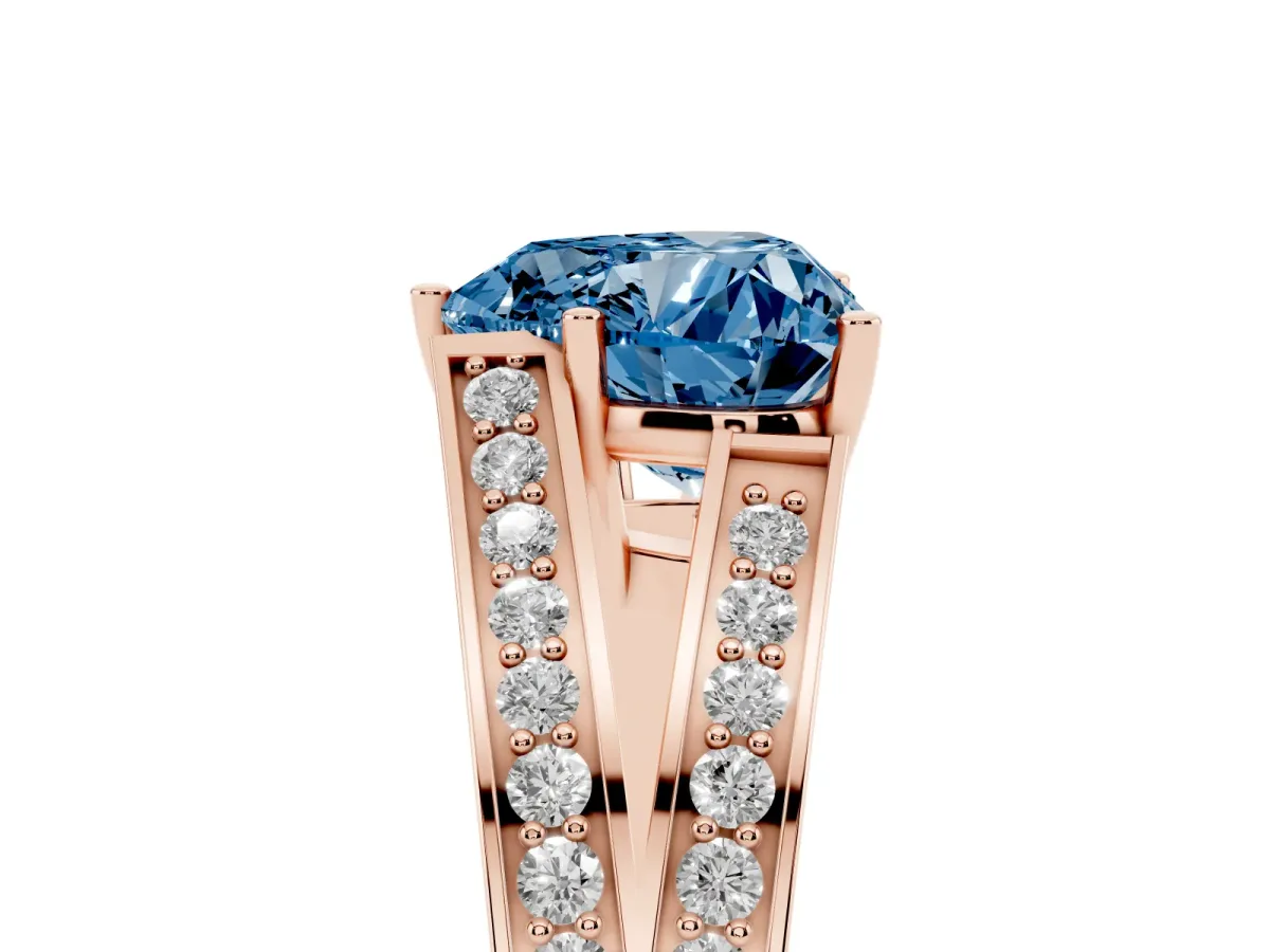 Fancy Blue Heart Cut Diamond Split Shank Ring with Pavé Band and Four-Prong Setting Rose gold