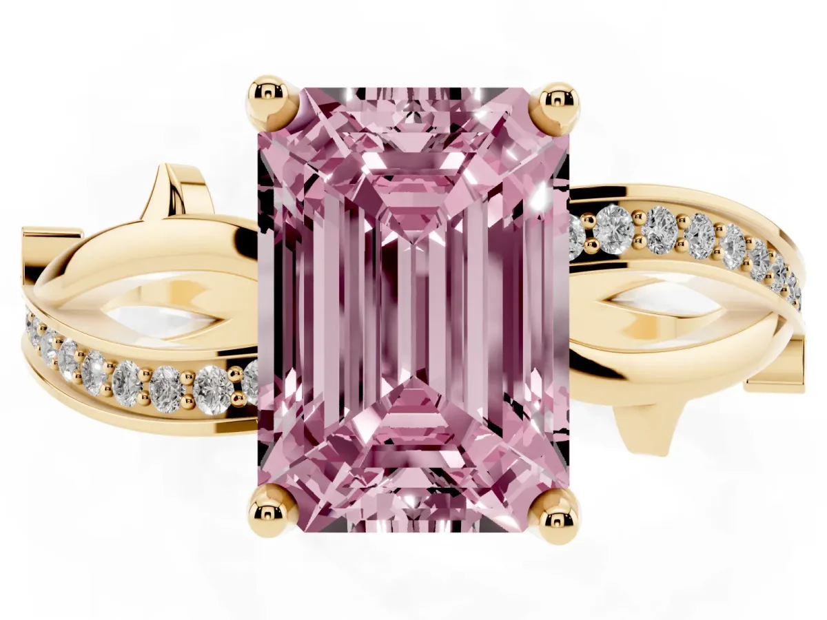 Fancy Pink Emerald Cut Solitaire Twist Band with Pavé Accents and Four-Prong Setting Yellow gold
