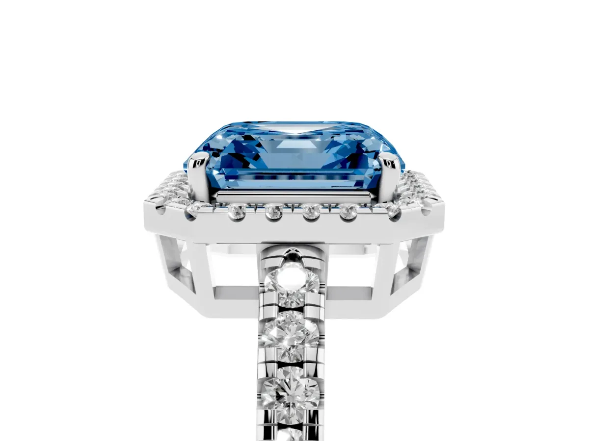 Fancy Blue Asscher Cut Diamond Halo Ring with Pavé Band and Four-Prong Setting Platinum