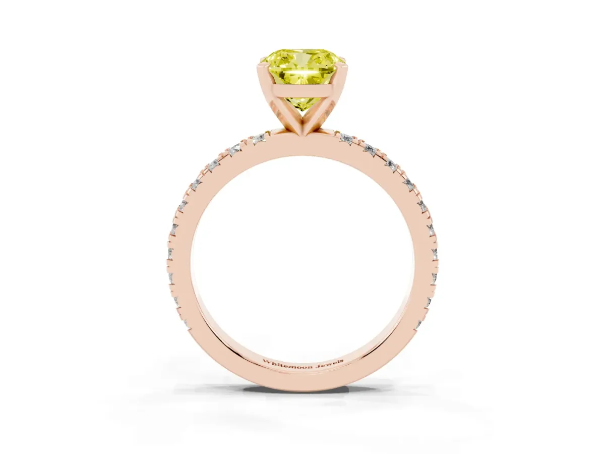 Fancy Yellow Cushion Cut Diamond Pavé Band Solitaire with Four-Prong Setting Rose gold