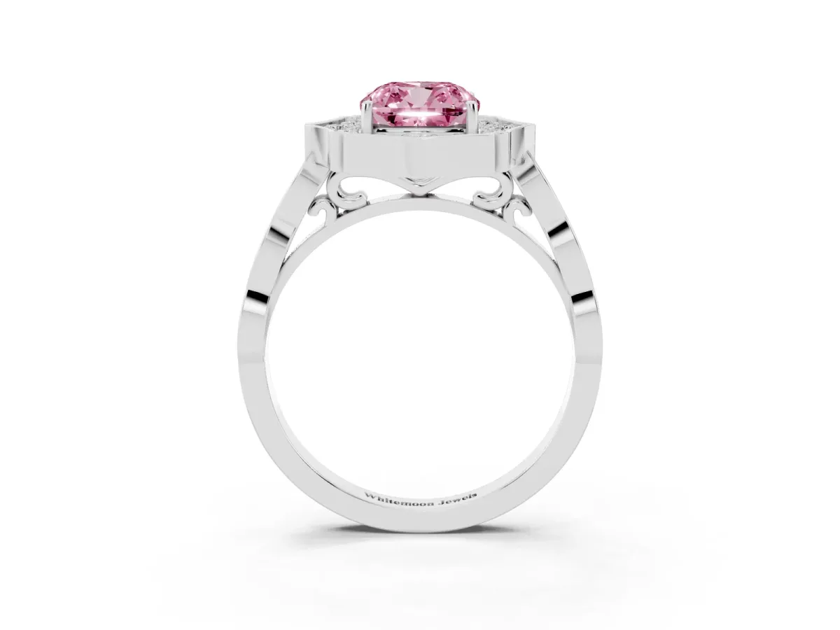 Fancy Pink Cushion Cut Halo Diamond Engagement Ring with Milgrain Band and Four-Prong Setting Silver