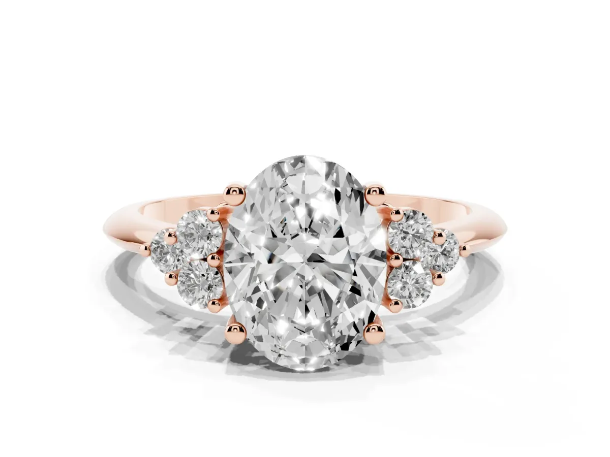 Oval Cut Cut Diamond Cluster Ring with Solitaire Band and Four-Prong Setting Rose gold