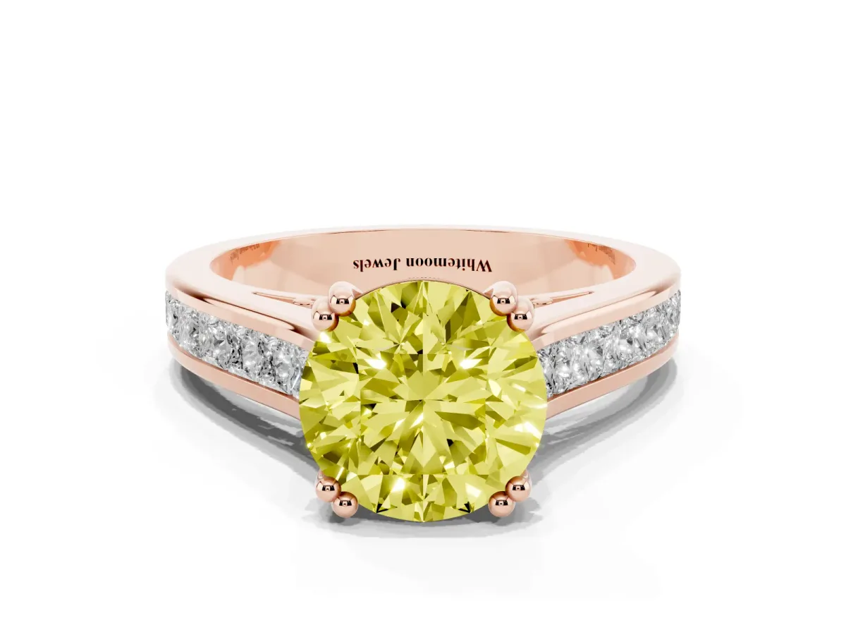 Fancy Yellow Round Cut Cut Channel Set Solitaire Engagement Ring with Prong Setting Rose gold