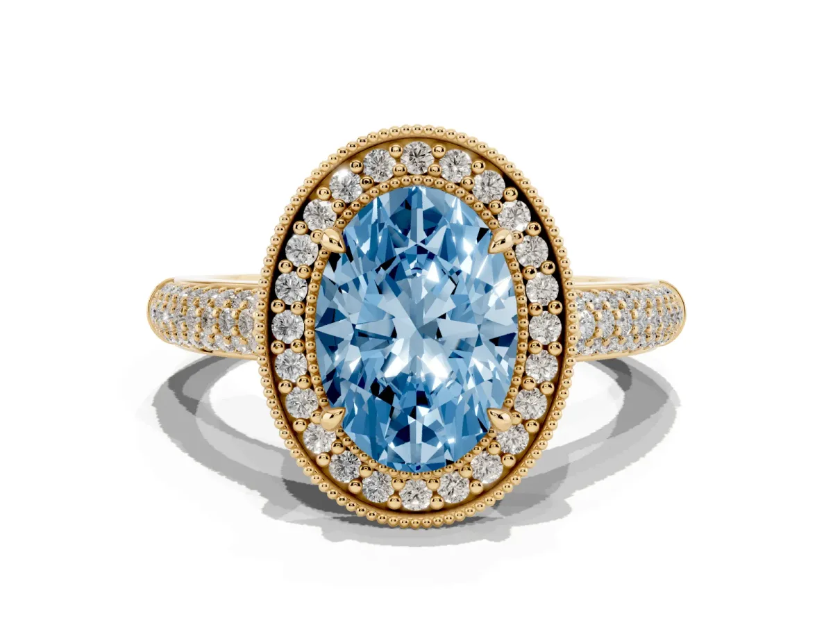 Fancy Blue Oval Cut Cut Halo Diamond Pave Band with Four-Prong Setting Yellow gold