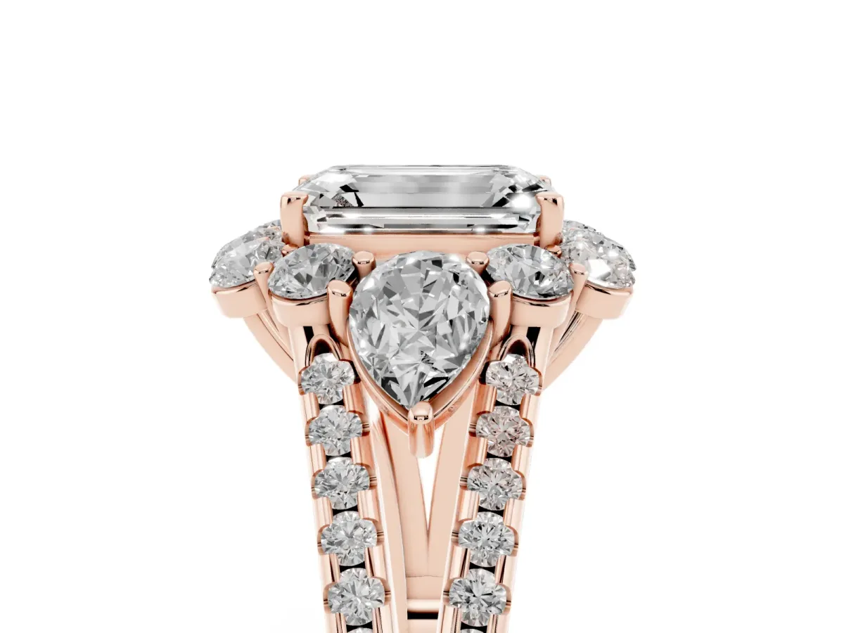 Emerald Cut Halo Split Shank Diamond Engagement Ring with Prong Setting Rose gold