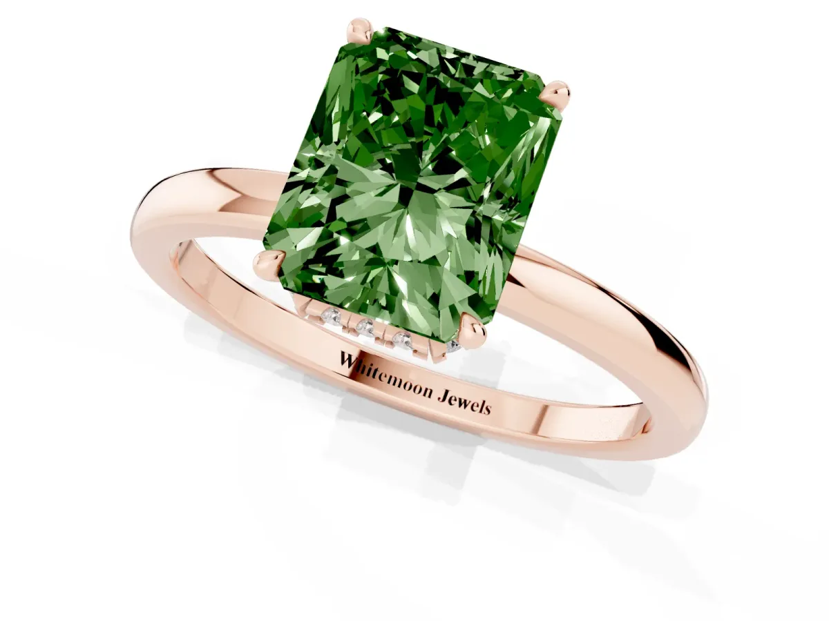 Fancy Green Radiant Cut Solitaire Engagement Ring with Cathedral Band and Four-Prong Setting Rose gold