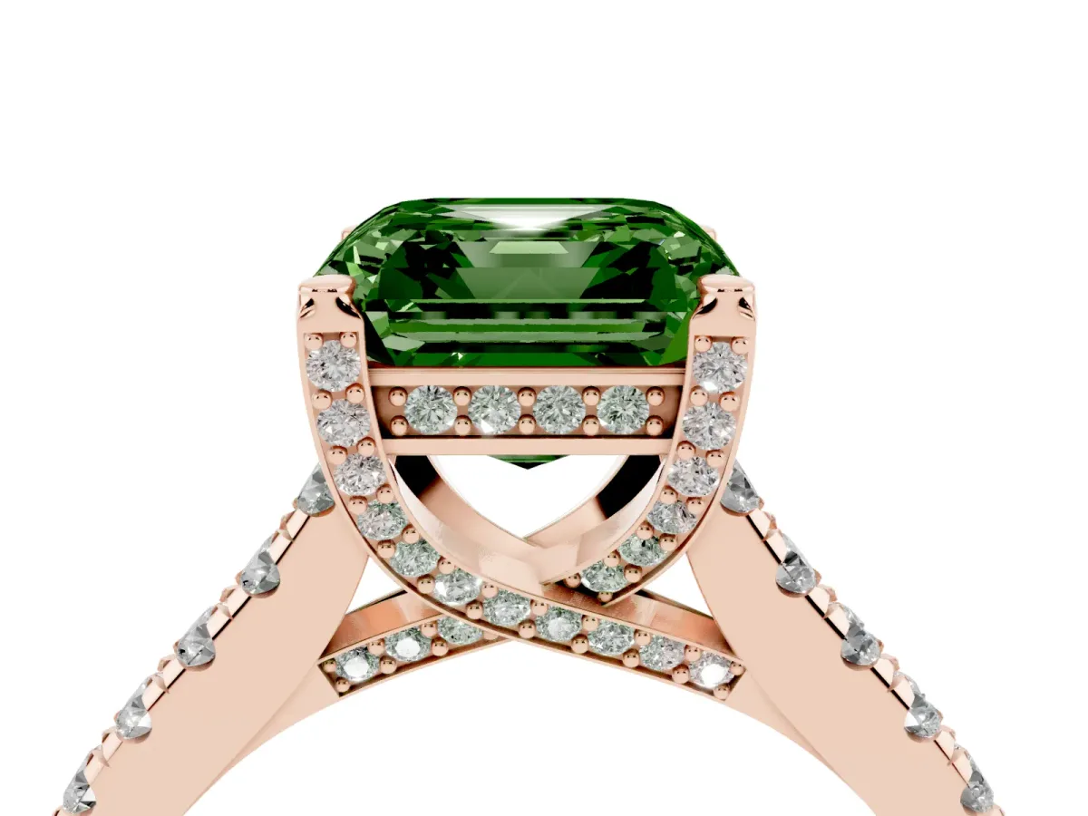 Fancy Green Asscher Cut Brilliant Diamond Solitaire with Pavé Band and Four-Prong Setting Rose gold
