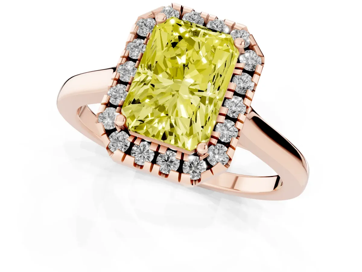Fancy Yellow Radiant Cut Halo Round Diamond Solitaire Ring with Pavé Band and Four-Prong Setting Rose gold