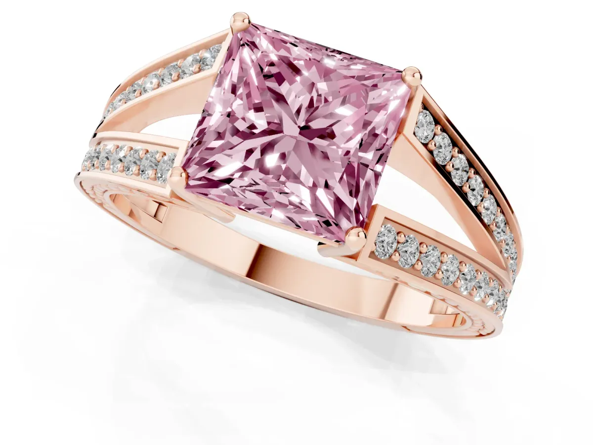 Fancy Pink Princess Cut Diamond Split Shank Ring with Pavé Band and Four-Prong Setting Rose gold