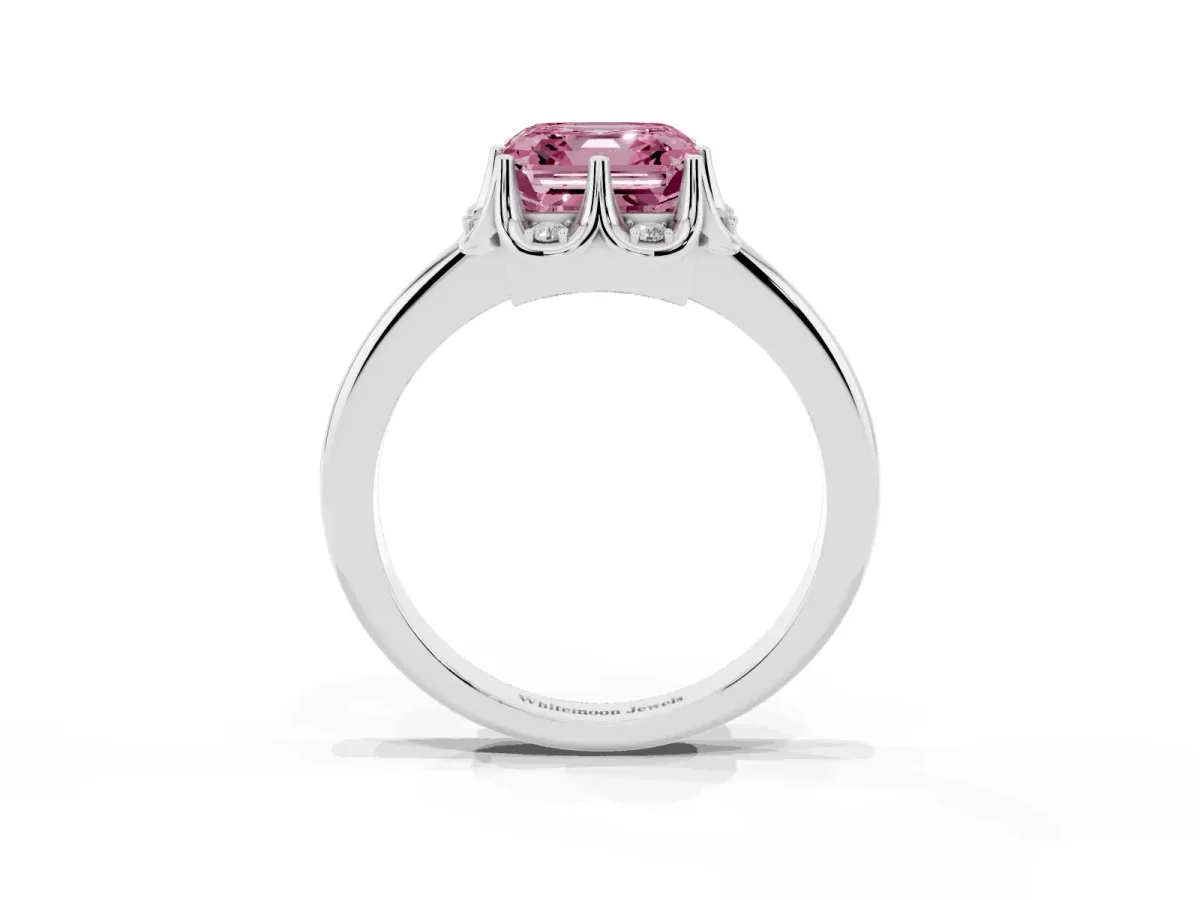 Fancy Pink Asscher Cut Halo Diamond Ring with Round Cluster Setting, Solitaire Band, and Four-Prong Setting Silver
