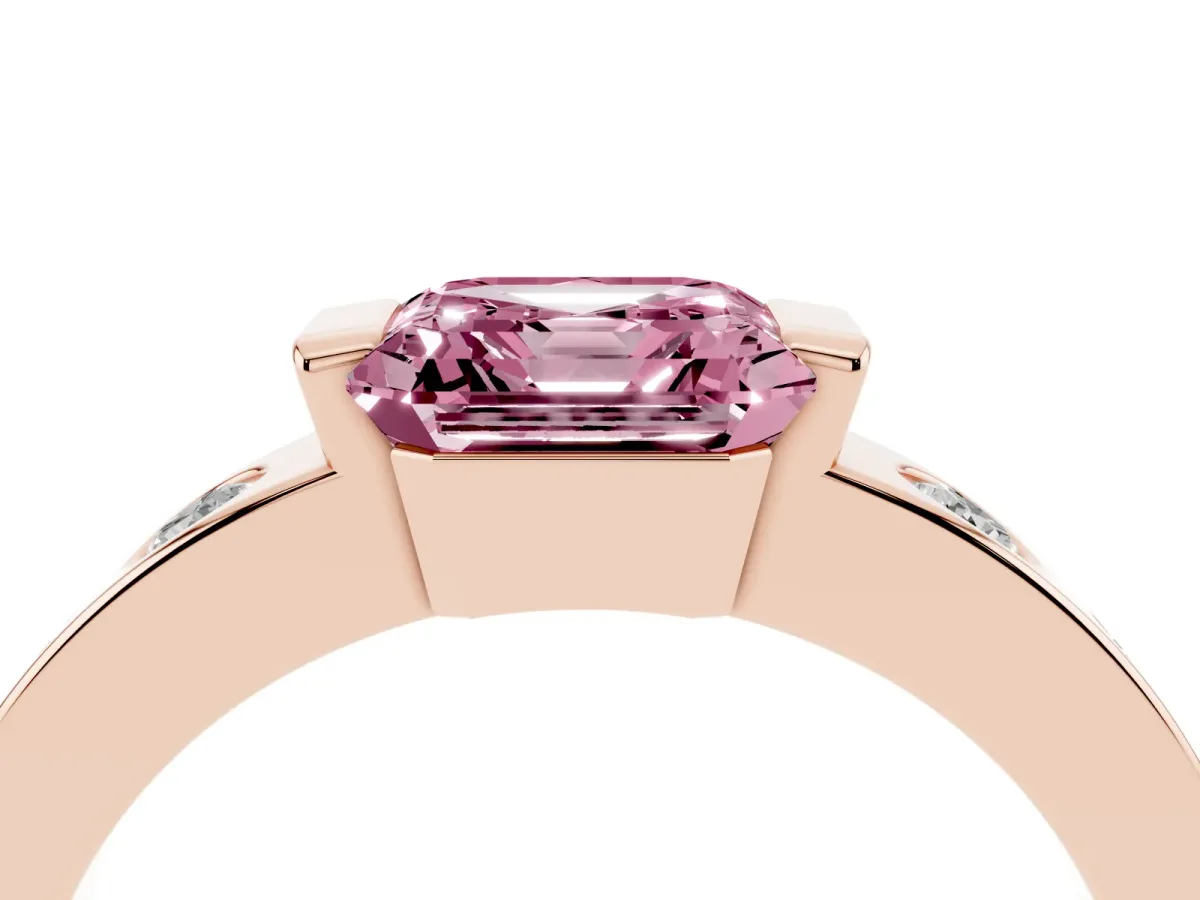 Fancy Pink Asscher Cut Brilliant Channel-Set Diamond Ring with Bezel Prong Setting Rose gold