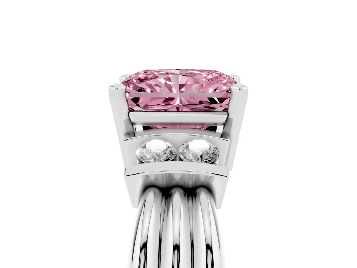 Fancy Pink Radiant Cut Cut Three-Stone Channel Set Ring with Bar Prongs Silver