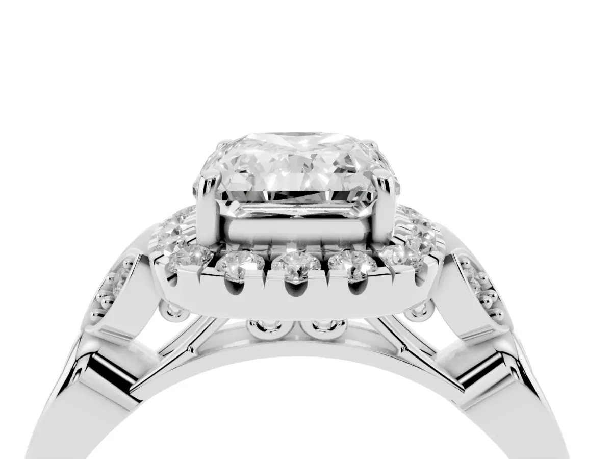 Radiant Cut Halo Diamond Engagement Ring with Vintage-Inspired Band and Four-Prong Setting White gold