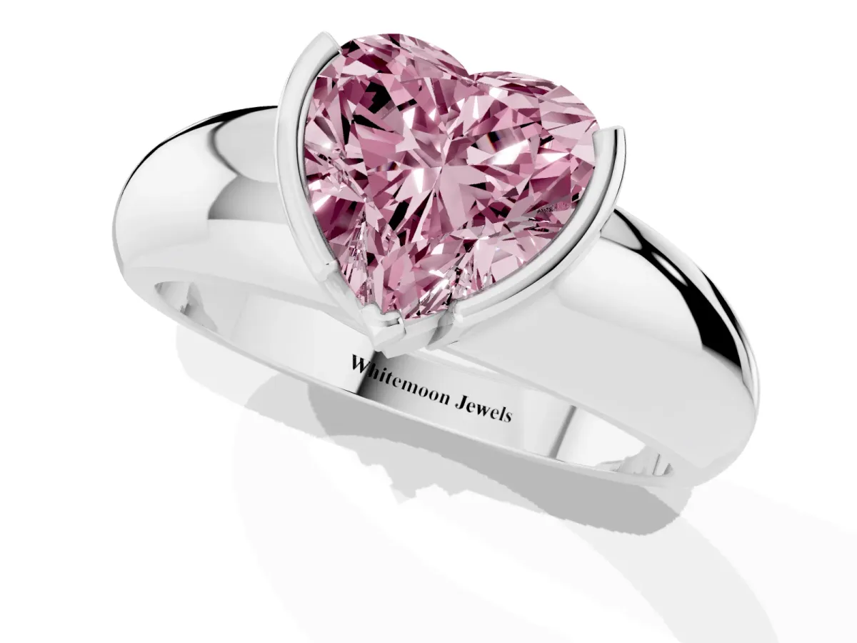 Fancy Pink Heart Cut Solitaire Tension Set Diamond Ring with Wide Band White gold