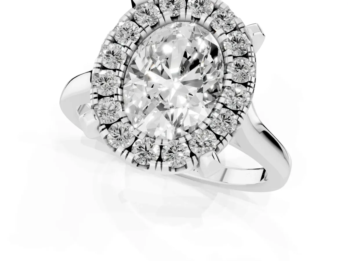 Oval Cut Diamond Cluster Halo Solitaire with Four-Prong Setting Silver