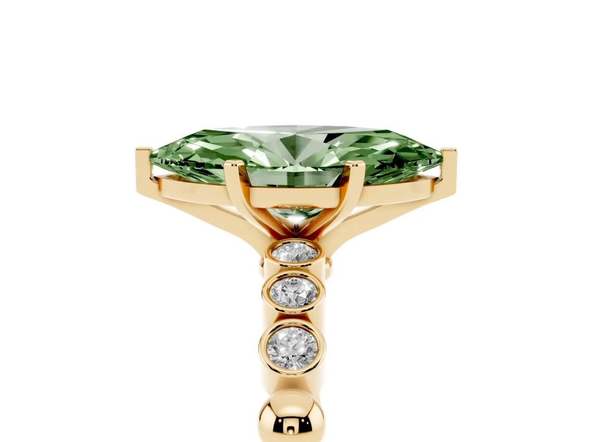Fancy Green Marquise Cut Solitaire Bezel Accent Diamond Engagement Ring with Beaded Band and Four-Prong Setting Yellow gold