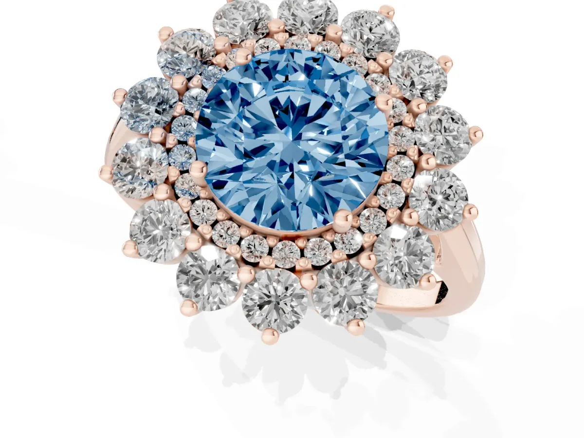 Fancy Blue Round Cut Diamond Floral Double Halo Engagement Ring with Prong Setting Rose gold